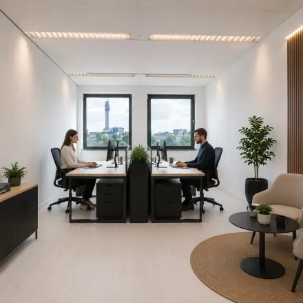 Moderne kantoorruimte huren in Haarlem Waarderpolder, met strakke inrichting, planten en bureauopstellingen. Twee mensen zijn bezig met zakelijke werkzaamheden.