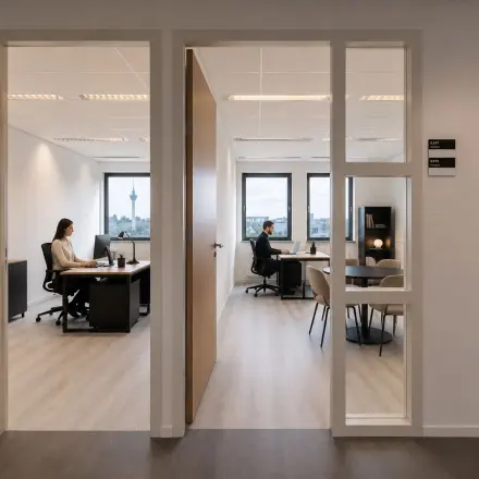 Zakelijke kantoorruimte huren op Mollerusweg 84 in Haarlem Waarderpolder, met moderne werkplekken waar mensen geconcentreerd werken aan bureau's.