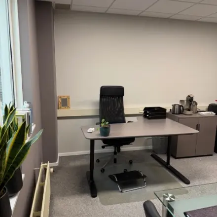 Zicht op een lichte kantoorruimte op Hamerstraat 10, Hengelo, met een bureau, stoel, planten en een kast. Ideaal voor wie kantoorruimte wil huren.
