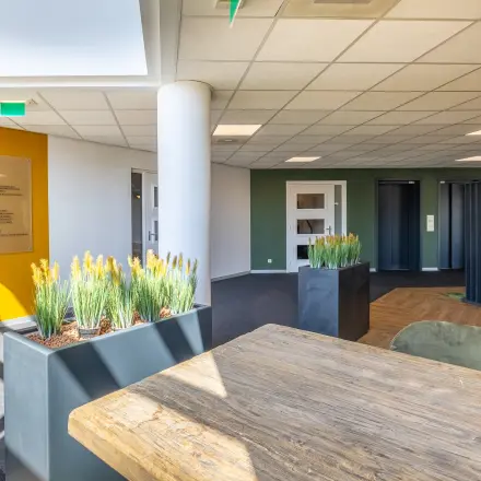 Lichte kantooruimte te huur met stijlvol houten tafel, moderne plantenbakken en zitgedeeltes. Ideaal kantoorpand in Hilversum voor vergaderingen en creatieve brainstorms. Strategisch gelegen op Franciscusweg 219.