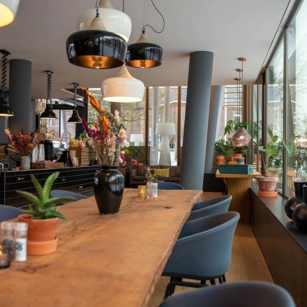 Lichte, modern ingerichte kantoorruimte te huur in Meppel met houten tafel, comfortabele stoelen en planten voor een uitnodigende sfeer.