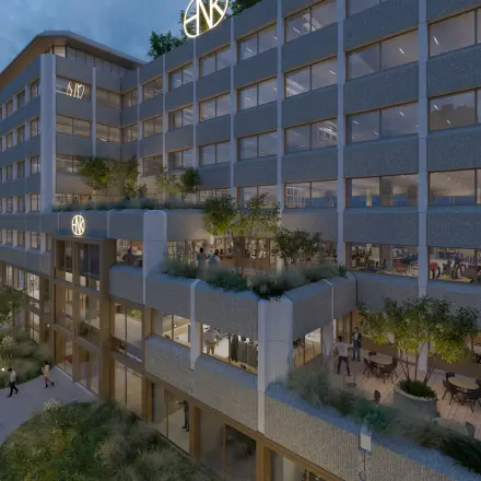 Modern kantoorpand op Marten Meesweg 101 in Rotterdam Alexander, met grote ramen en meerdere verdiepingen, ideaal voor kantoorruimte huren.