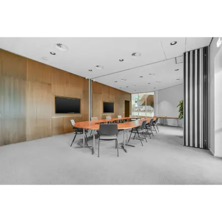Moderne vergaderruimte in het kantoorpand Weena 290, Rotterdam Centraal Station, met houten wanden, groot scherm en een lange tafel omringd door stoelen.