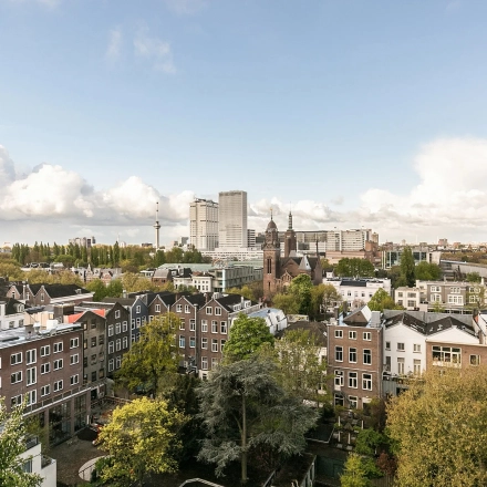 Panoramisch uitzicht over Rotterdam Centrum met diverse gebouwen en groen, gezien vanaf Westblaak 180.