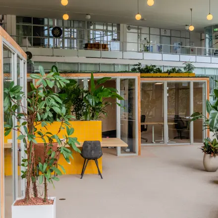 Heldere en moderne kantoorruimte op Van Nelleweg 1, Rotterdam Delfshaven, met glazen kantoorpanden en groen decor, ideaal om te huren.