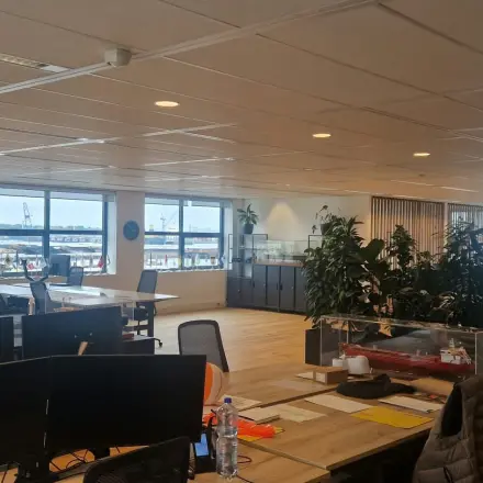 Lichte kantoorruimte met houten vloer, planten en werkplekken nabij grote ramen met uitzicht op Rotterdam Waalhaven.