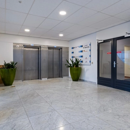 In de entree van het kantoorpand op de Brauwweg 52-66 in Schiedam zijn liften en glazen deuren te zien, met sierplanten voor een uitnodigende sfeer. Ideaal voor kantoorruimte huren.