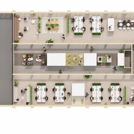 Bovenaanzicht van een moderne kantoorruimte op Hondiuslaan 114, Utrecht Papendorp, met verschillende werkplekken, tafels en planten. Mensen zijn bezig met diverse werkzaamheden.