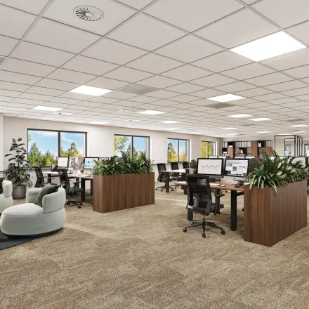 Moderne kantoorruimte te huur op Newtonlaan 115 in Utrecht Rijnsweerd, met open werkplekken, bureaus en computers in een lichte ruimte met veel groenvoorzieningen.