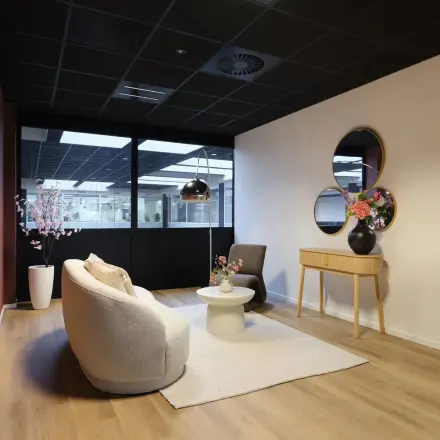 Modern ingerichte kantoorruimte op Havenweg 24, Vianen Utr, met stijlvolle zitgedeelte, sierlijke planten en decoratieve spiegels. Ideaal voor wie een kantoorpand wil huren.