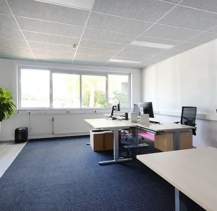 Lichte kantoorruimte op Molenweer 2 in Wateringen, met grote ramen en modern meubilair, geschikt voor meerdere werkplekken. Ideaal voor bedrijven die op zoek zijn naar een praktische werkruimte om te huren.
