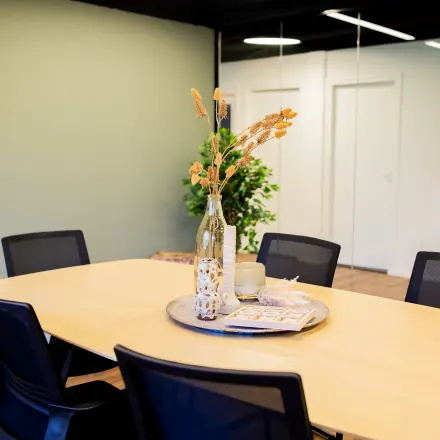 Kantoorruimte huren op Pelmolenlaan 16 in Woerden met een moderne vergadertafel, zes stoelen en decoratieve planten. Deze kantoorruimte is geschikt voor vergaderingen of bijeenkomsten.