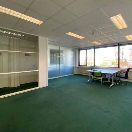 Ruime kantoorkamer met groene vloerbedekking, meerdere bureaus en stoelen bij grote ramen, ideaal voor kantoorruimte huren in Woerden.