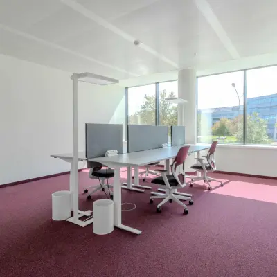 Helles Büro zur Miete in der Siemensstraße 89, 1210 Wien, mit modernen Schreibtischen und ergonomischen Stühlen vor großen Fenstern.