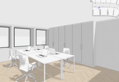 Helles Büro mit vier Schreibtischen und Laptops, Schränke an der Wand, ideal zum Büro mieten in Zürich City, Nüschelerstrasse 31.