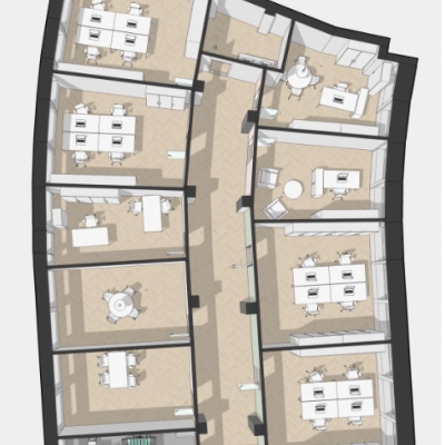 Moderne Bürofläche mieten in Zürich City: Großzügige Aufteilung mit mehreren Arbeitsbereichen und Konferenzräumen für effektives Arbeiten.