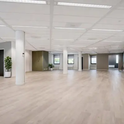 Spacious office area in Amersfoort Centrum with wooden flooring and potted plants, ideal for rent. Plenty of natural light enhances the open layout, perfect for office space rental options.