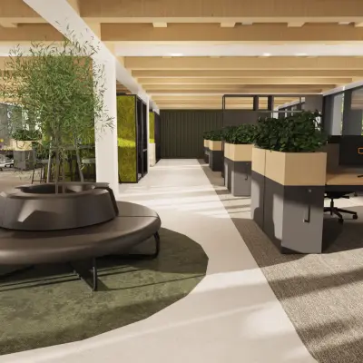 Spacious office interior with modern furnishings in Amsterdam Center, featuring stylish seating and ample desk spaces for rent. Ideal for those seeking an open office space rental.