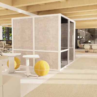 Modern office interior at Pieter Cornelisz. Hooftstraat 7, Amsterdam Center, featuring open-plan workspaces with bright furniture and natural light, ideal for office space rental.