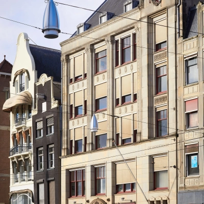 Exterior view of Rokin 92-96 in Amsterdam Center, highlighting the historic facade, suitable for office space rental.