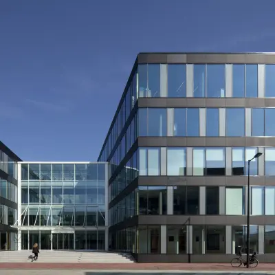 Exterior view of office building at Pedro de Medinalaan 7, Amsterdam IJburg, showcasing modern architecture perfect for office space rental.