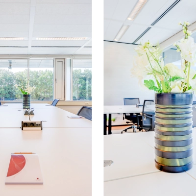 Bright, furnished office space rental at Thomas R. Malthusstraat 1-3, Amsterdam Riekerpolder. Features large windows with ample natural light, modern desks, and decorative touches.