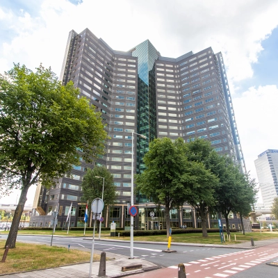 Exterior view of a modern office building at Radarweg 29, Amsterdam Sloterdijk, showcasing office space rental opportunities.