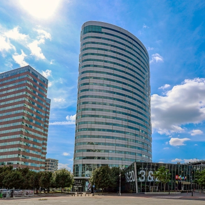 Modern office building exterior at De Entree 99-197, Amsterdam South East, ideal for office space rental.