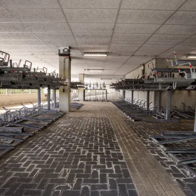 Spacious bike parking area at Herikerbergweg 288, Amsterdam South East, ideal for those seeking office space rental with convenient cycling access.