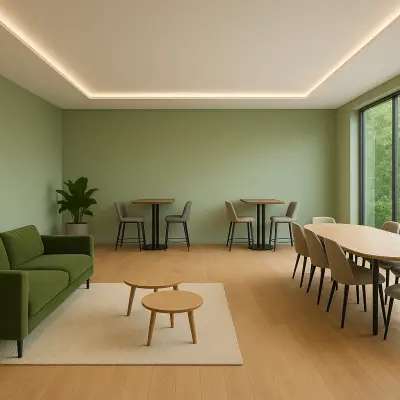 Spacious office interior at Johan Cruijff Boulevard 89, Amsterdam South East, featuring modern furniture including a green sofa and tables, ideal for office space rental.