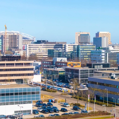 View of modern office buildings at Laarderhoogtweg 25, Amsterdam South East, ideal for office space rental.