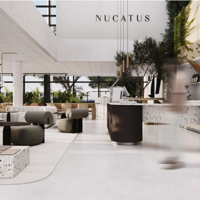 Elegant office space rental in Amsterdam South East featuring a modern, furnished interior with stylish seating areas and natural lighting.