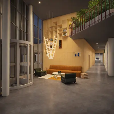 Spacious office entrance at Luttenbergweg 8, Amsterdam South East, featuring modern seating and tall windows, ideal for office space rental.