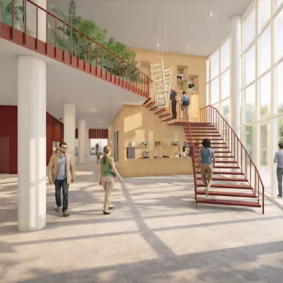 Spacious office interior at Luttenbergweg 8, Amsterdam South East, featuring a modern staircase and floor-to-ceiling windows. People are interacting and utilizing the open workspaces, perfect for office space rental.