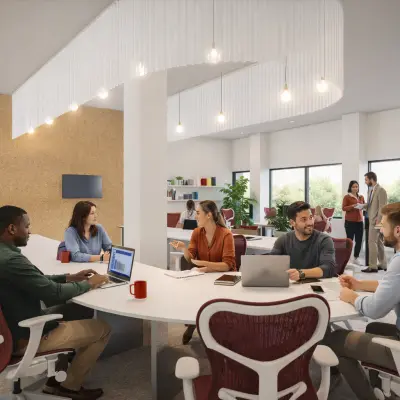 Modern office space rental at Luttenbergweg 8, Amsterdam South East, featuring a collaborative workspace with people engaged in discussions around a table, surrounded by natural light from large windows.