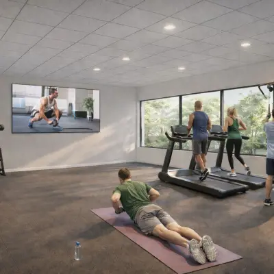 A modern fitness area with individuals engaging in workout activities, including weightlifting, treadmill exercises, and yoga, ideal for those renting office space seeking health facilities.