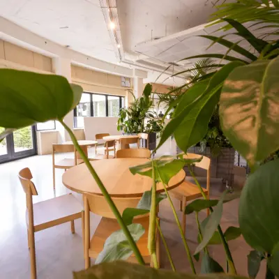 Bright office space at Luttenbergweg 8, Amsterdam South East with natural light, wooden furniture, and abundant greenery, ideal for office space rental.