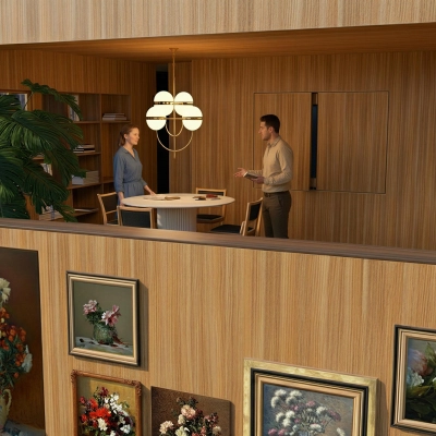 Two individuals have a meeting at a round table in a tastefully decorated office with wood paneling at Barbara Strozzilaan 101 101, Amsterdam Zuidas. Ideal for rent office space seekers.