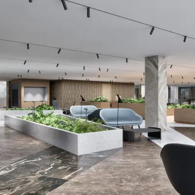 Elegant office space rental at Claude Debussylaan 80-134 in Amsterdam Zuidas, featuring modern furnishings and a spacious, open floorplan with natural light.