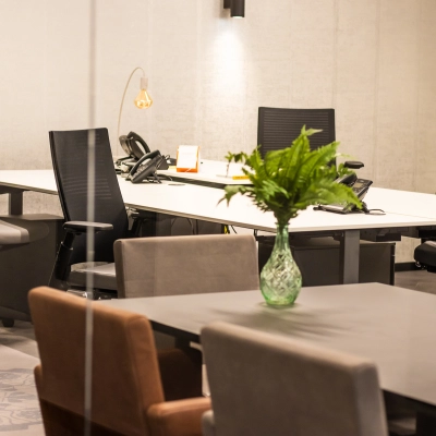 Furnished office space with a large desk and chairs at Gustav Mahlerplein in Amsterdam Zuidas, ideal for rent office space. Decorative plant adds a welcoming touch.