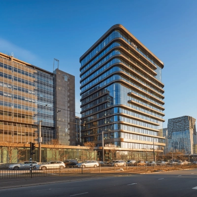 Exterior view of modern office buildings at Strawinskylaan 3051, Amsterdam Zuidas, perfect for office space rental.