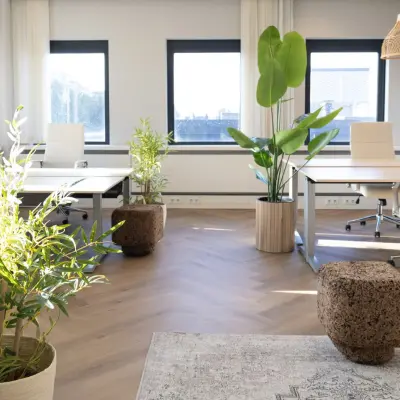 Bright and airy furnished office space at Schumanpark 9, Apeldoorn, offering a comfortable setting for rent office space with plants and modern furnishings.