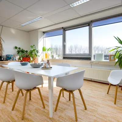 Bright office space at Kamerlingh Onnesweg 10 in Barendrecht, featuring a modern table, chairs, plants, and ample natural light. Ideal for office space rental.