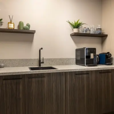 Compact pantry area with wooden cabinets, a coffee machine, sink, and decorative plants, suitable for office space rental.