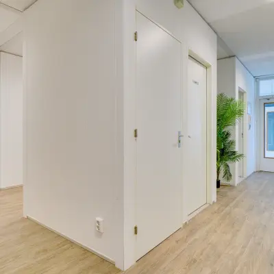 Spacious office hallway with wooden flooring and potted plants at Regulierenring 2, Bunnik, ideal for office space rental.
