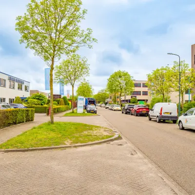 Street view outside office building at Regulierenring 2, Bunnik, showcasing potential office space rental opportunities.