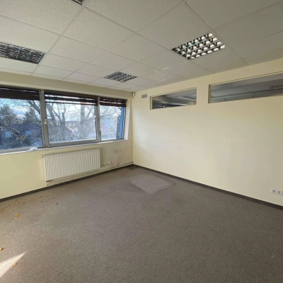 Bright office space rental at Marcika 27 in Cracow Łagiewniki Borek Fałęcki, featuring large windows overlooking natural surroundings, ideal for those seeking an office to rent with an airy ambiance.