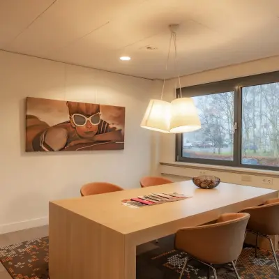 A furnished office space at Marshalllaan 2, Delft, featuring a wooden table, chairs, modern artwork on the wall, and large windows providing natural light. Ideal for office space rental.