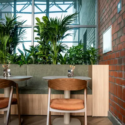 Interior office space in Den Bosch with tables, chairs, and greenery, ideal for office space rental.
