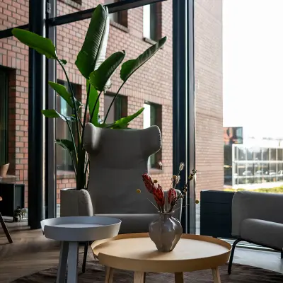 Modern office space rental at Hambakenwetering 5, Den Bosch. Features large windows and stylish furniture, ideal for a cozy lounge area.
